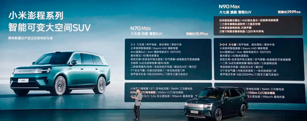小米汽车全新澎程系列SUV——N70 Max与N90 Max首发预售,预售价分别为25.99万和29.99万元